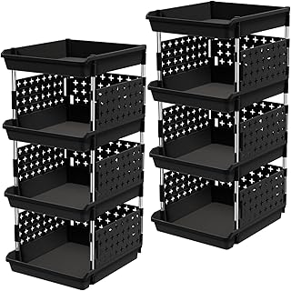 Four-tier black plastic stacking storage baskets, 2-pack