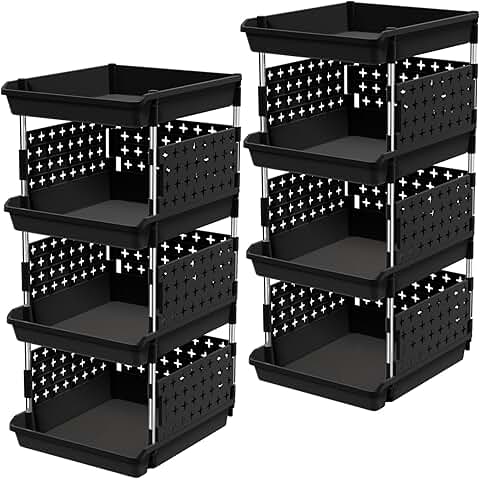 Four-tier black plastic stacking storage baskets, 2-pack