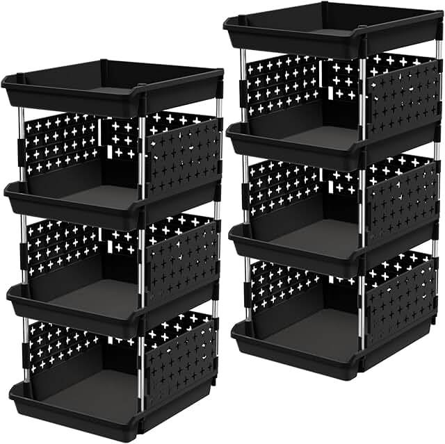 Four-tier black plastic stacking storage baskets, 2-pack