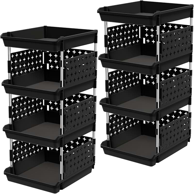 Four-tier black plastic stacking storage baskets, 2-pack