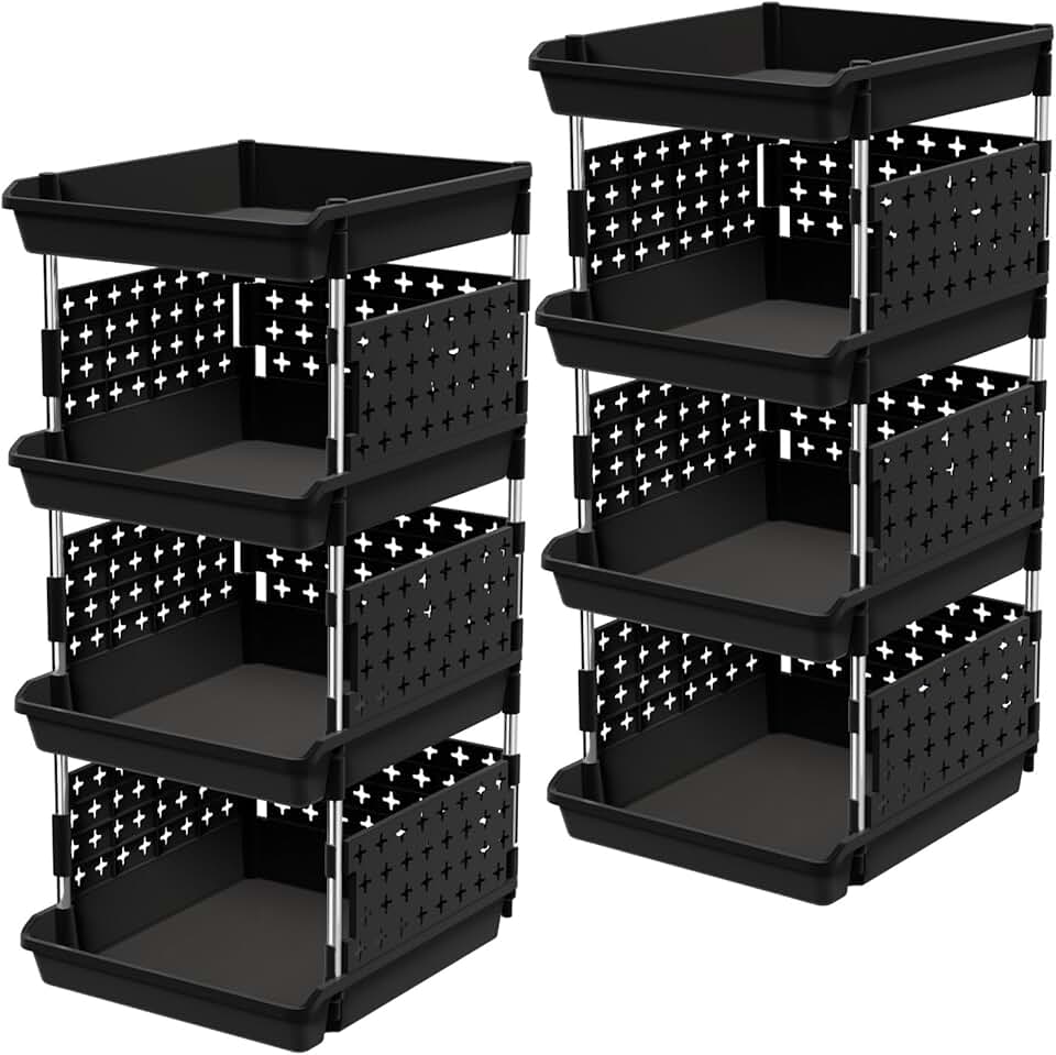 Four-tier black plastic stacking storage baskets, 2-pack