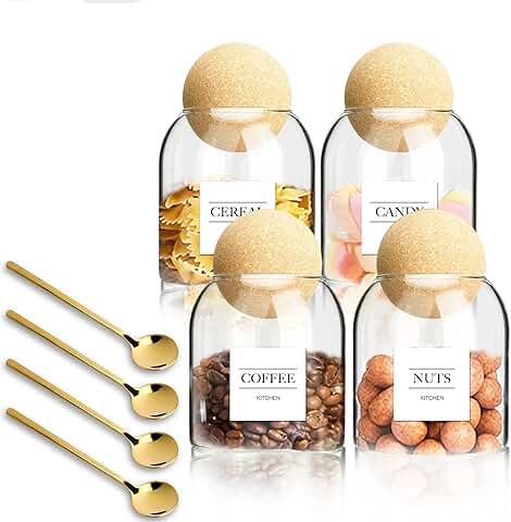 Set of 4 glass jars with cork lids for food storage