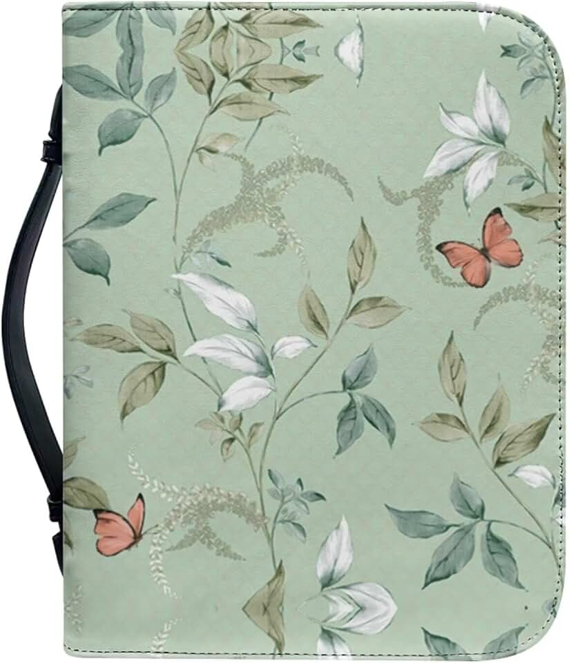 Green Leaves Print Bible Cover with Multi-Pocket Zipper and Top Handle