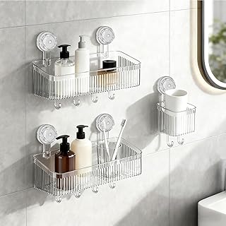 Three Suction Cup Shower Shelves with Hooks and Toothbrush Holder