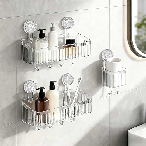 Three Suction Cup Shower Shelves with Hooks and Toothbrush Holder
