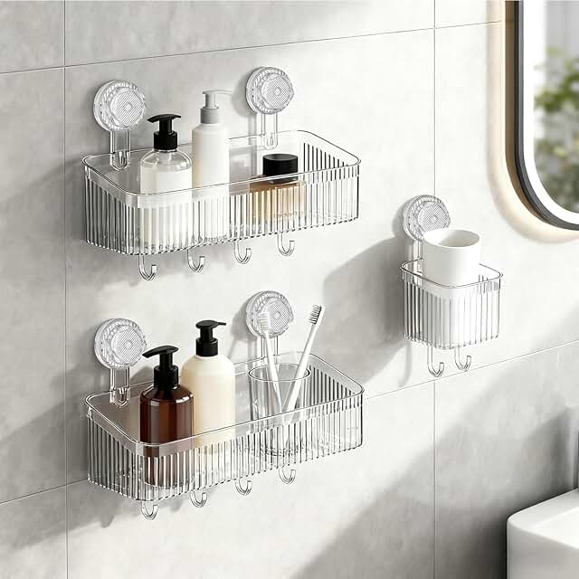 Three Suction Cup Shower Shelves with Hooks and Toothbrush Holder