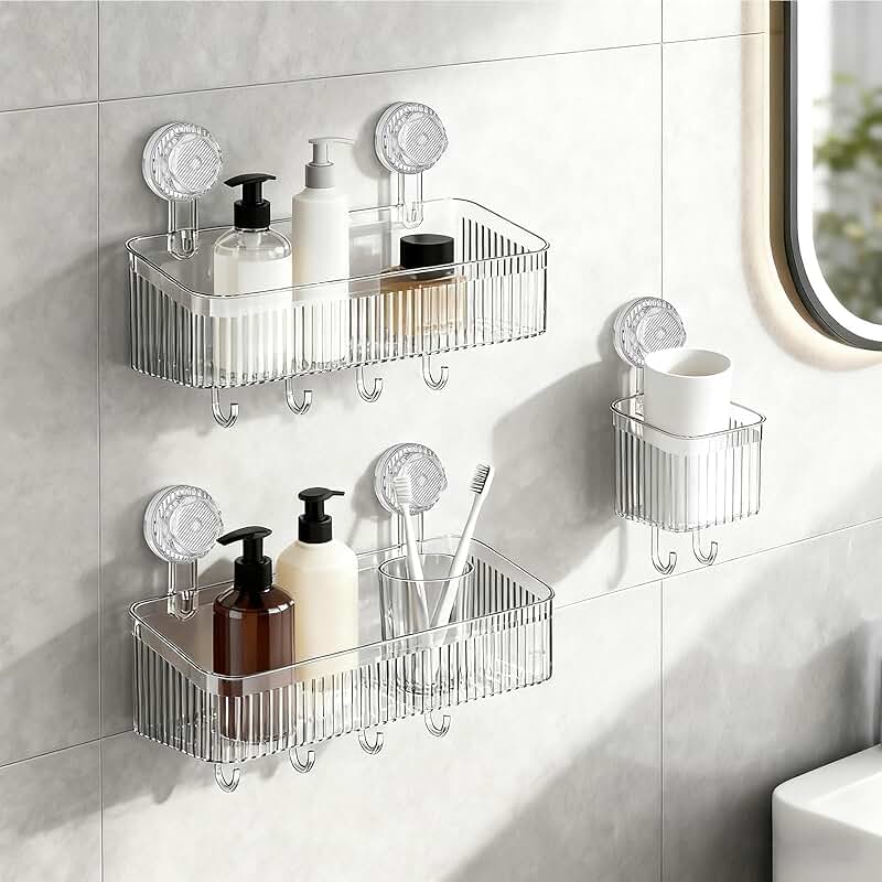 Three Suction Cup Shower Shelves with Hooks and Toothbrush Holder