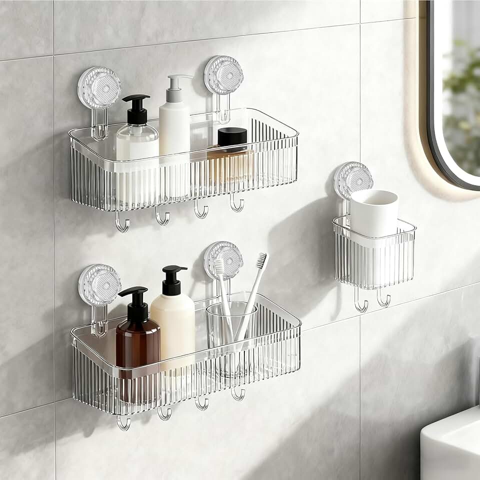 Three Suction Cup Shower Shelves with Hooks and Toothbrush Holder