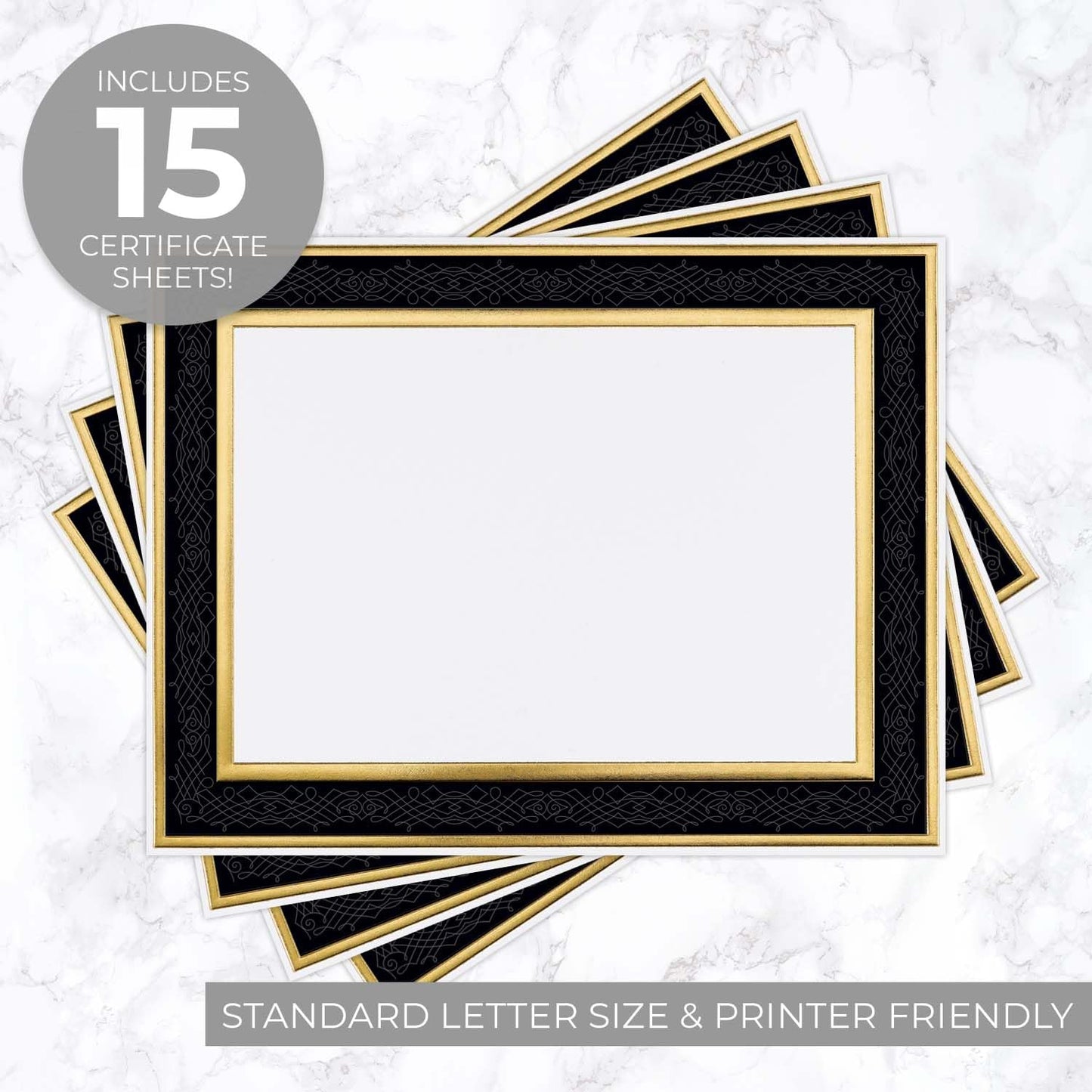 Black Frame Gold Foil Certificate Set, 8.5” x 11”, 15 Pack