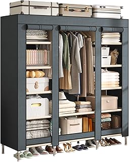 Large Gray Portable Wardrobe with 11 Compartments and Hanging Rod