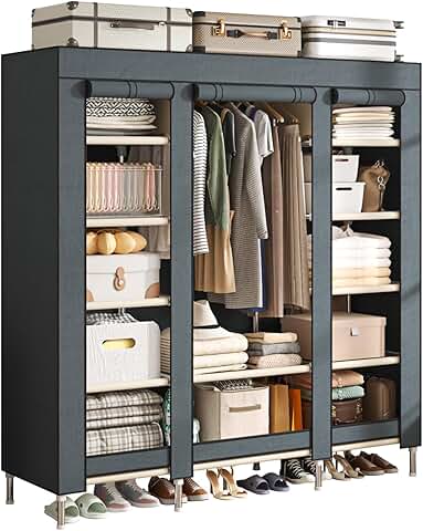 Large Gray Portable Wardrobe with 11 Compartments and Hanging Rod