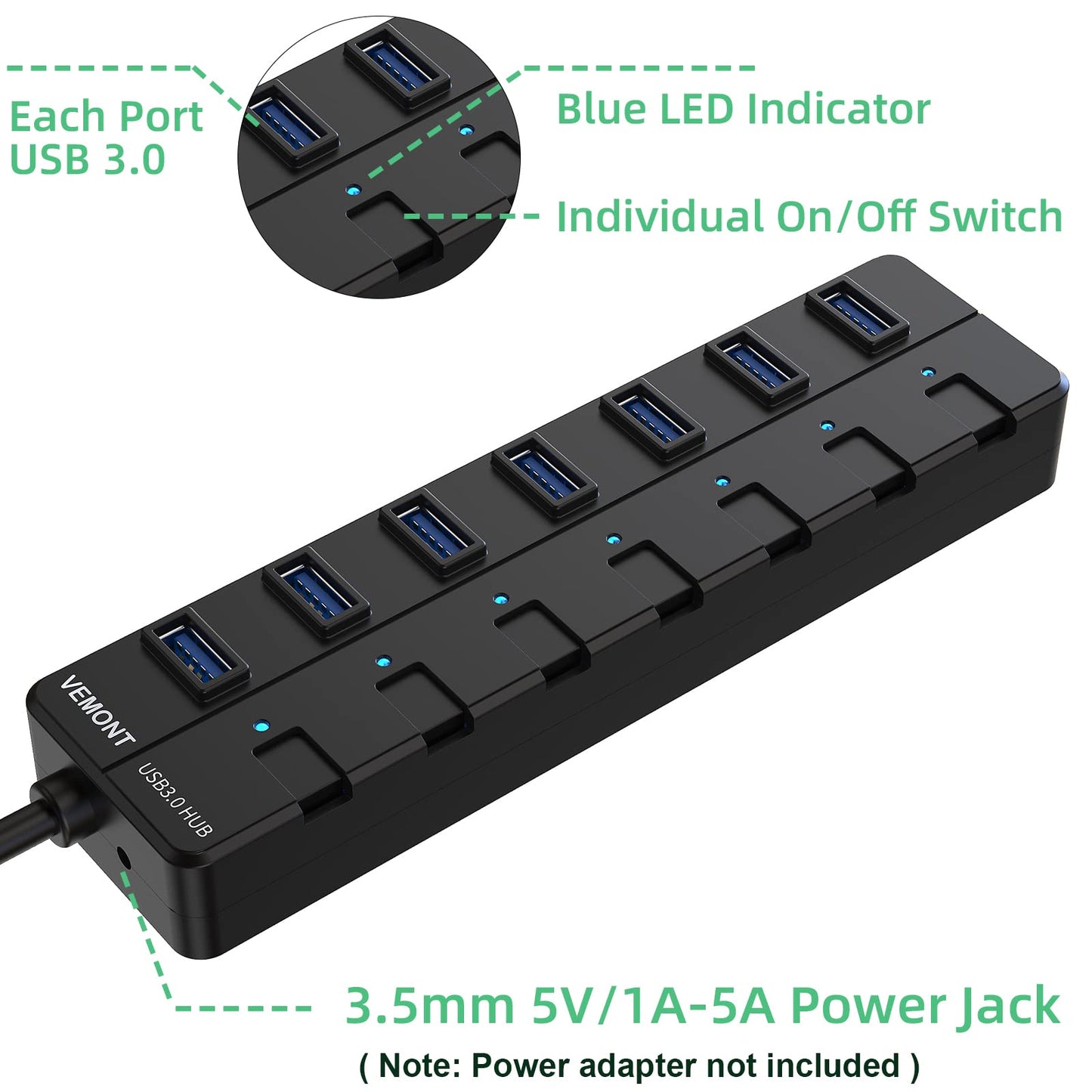 USB hub,7-Port USB Hub, 3.0 USB Splitter with Individual On/Off Switches and Lights, 4ft/1.2m Long Cable USB Extension for Laptop and PC Computer