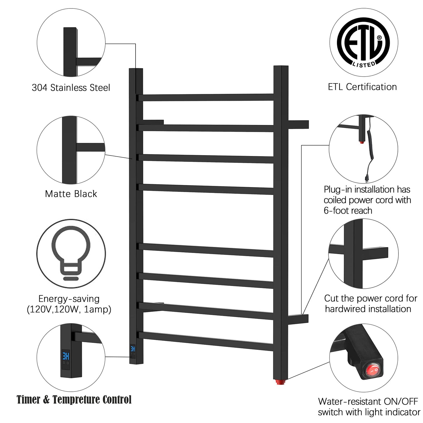 HEAT E Towel Warmer with Timer and Temperature Control, Electric Towel Warmer with 8 Square Bars, Wall-Mounted Electric Towel Rack with 8 Square Bars, Plug-in/Hardwired Towel Rails  Matte Black
