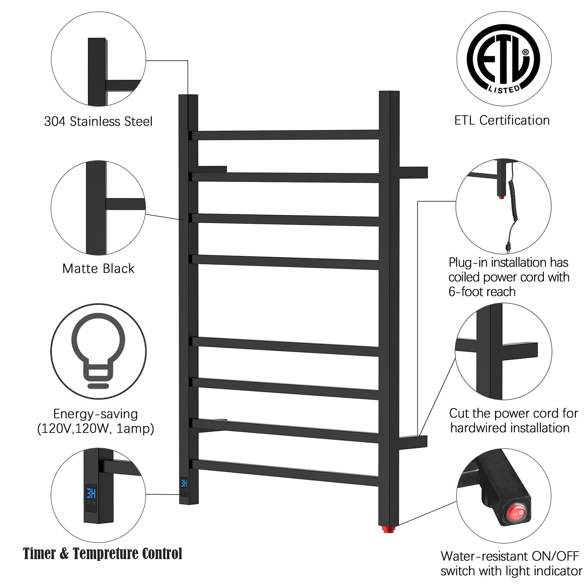 HEAT E Towel Warmer with Timer and Temperature Control, Electric Towel Warmer with 8 Square Bars, Wall-Mounted Electric Towel Rack with 8 Square Bars, Plug-in/Hardwired Towel Rails  Matte Black