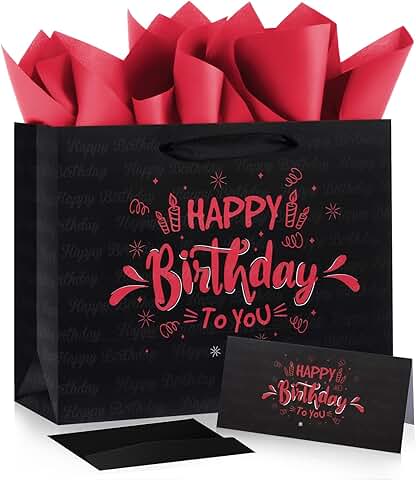 Black and red birthday gift bag with tissue paper