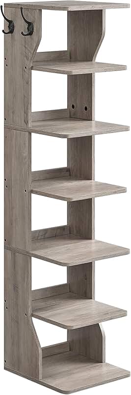 7-Tier Narrow Vertical Shoe Rack with Hooks