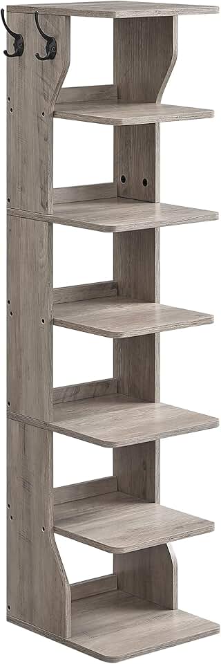 7-Tier Narrow Vertical Shoe Rack with Hooks