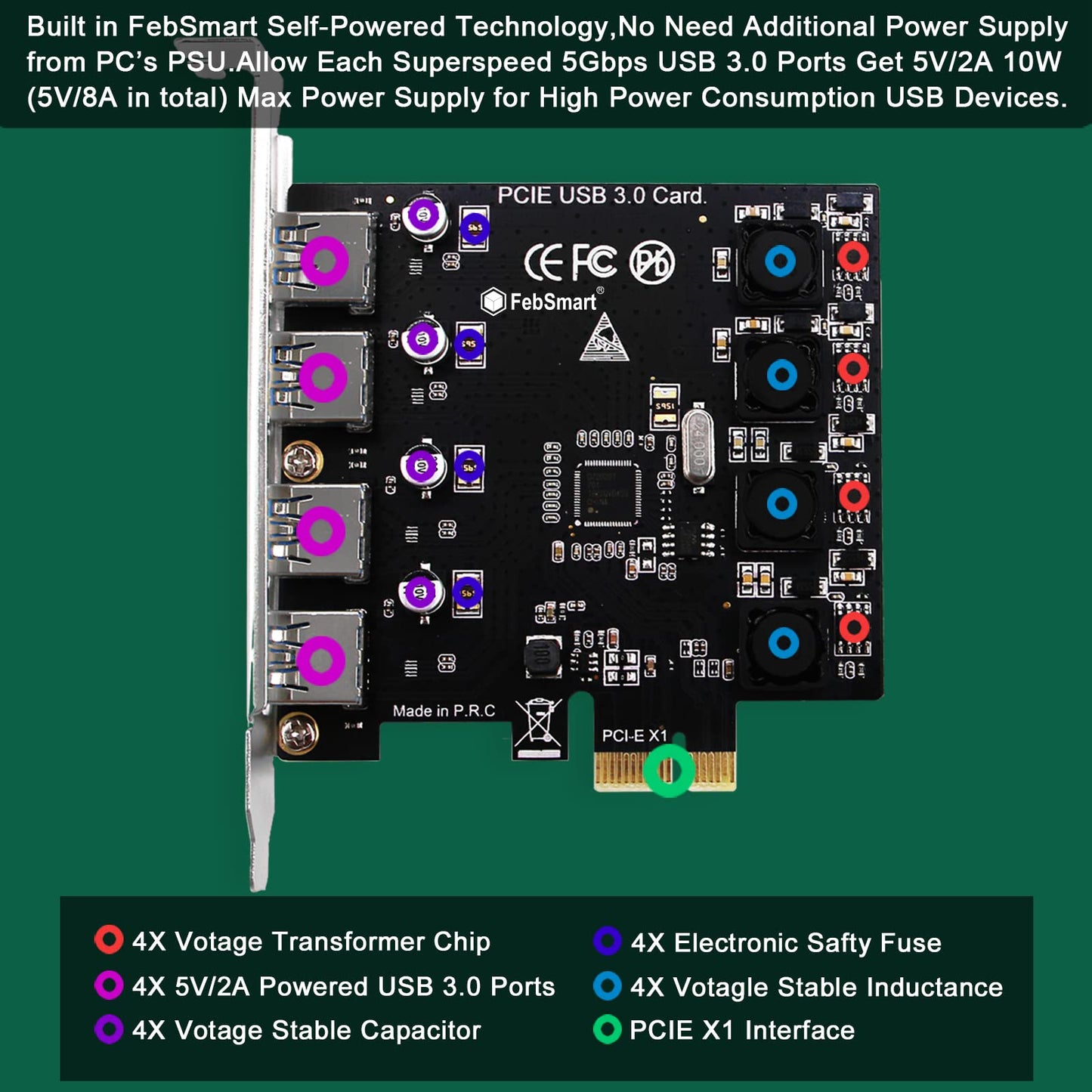 4 Ports Superspeed 5Gbps USB 3.0 PCI Express Expansion Card for Windows 11, 10, 8.x, 7, Vista, XP Desktop PCs, Built in Self-Powered Technology, No Need Additional Power Supply (FS-U4-Pro)