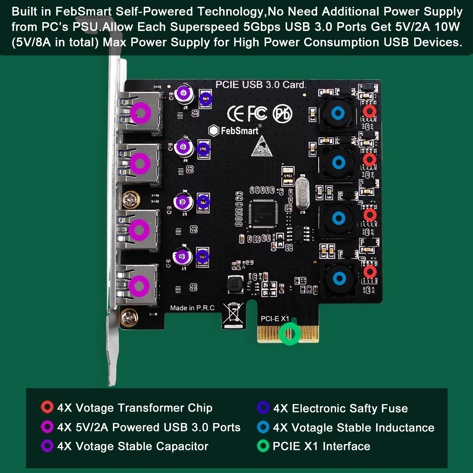 4 Ports Superspeed 5Gbps USB 3.0 PCI Express Expansion Card for Windows 11, 10, 8.x, 7, Vista, XP Desktop PCs, Built in Self-Powered Technology, No Need Additional Power Supply (FS-U4-Pro)