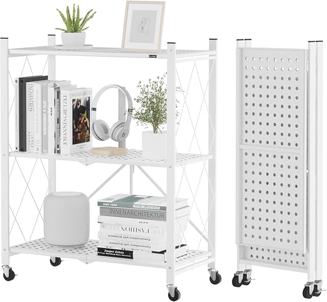 3-Tier White Metal Storage Shelf with Wheels