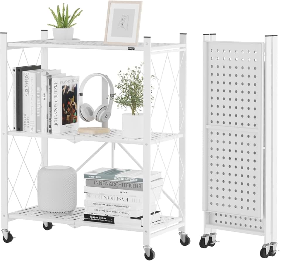 3-Tier White Metal Storage Shelf with Wheels