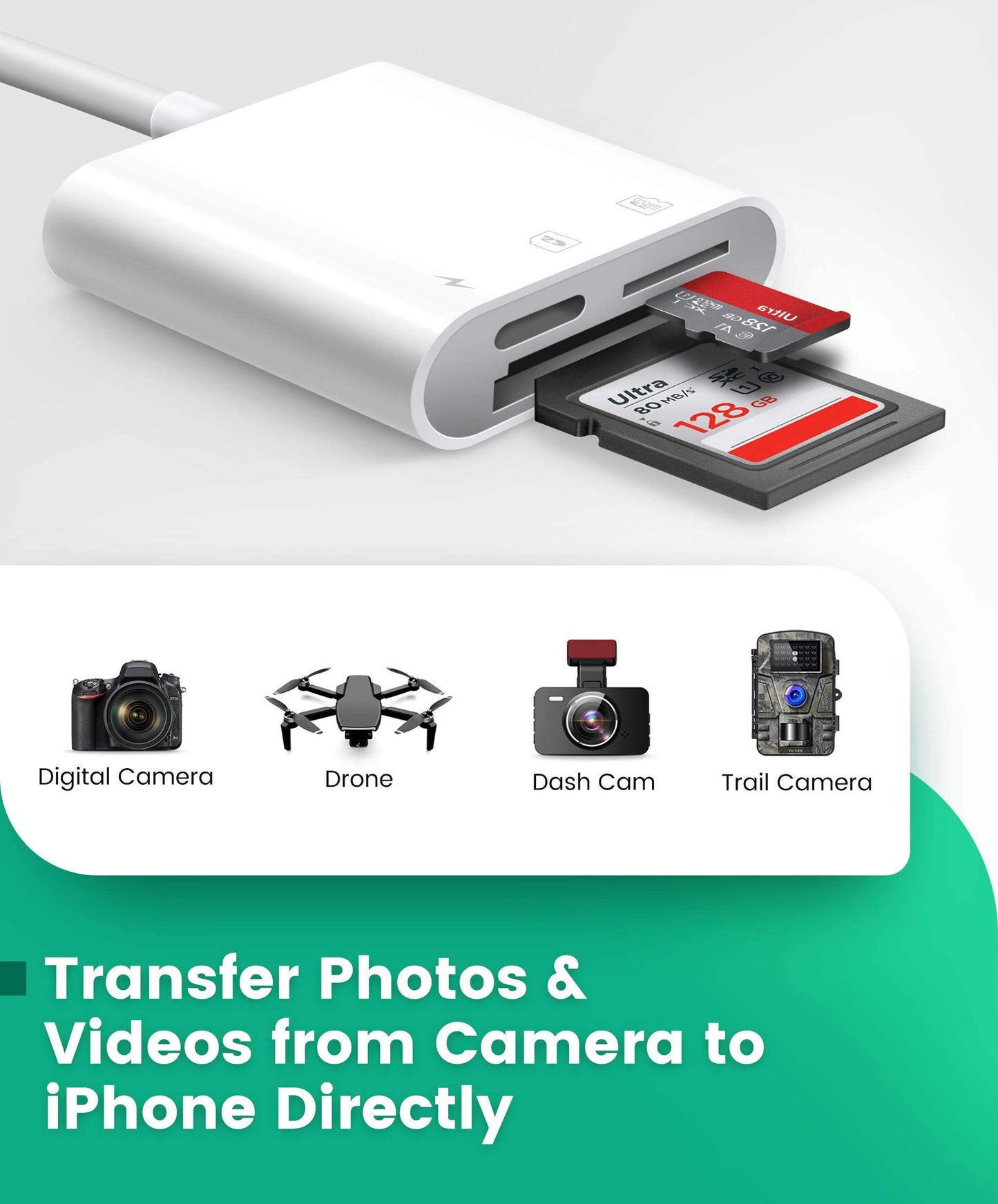 SD Card Reader for iPhone, 2 in 1 SD Card Reader for iPhone iPad Camera, SD Card Adapter Reader for Trail Game Camera DSLR Dash Cams SD Card Reader, Portable No App Required