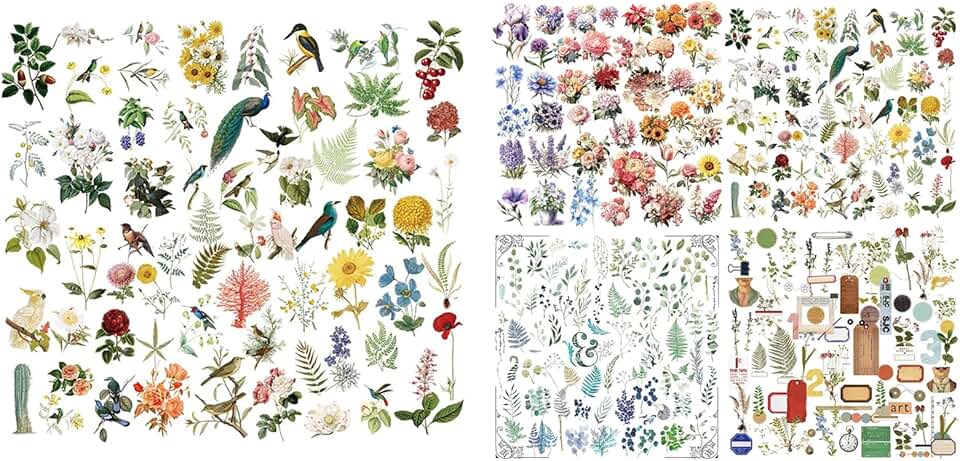 Set of 5 Vintage Bird and Plant Stickers for Junk Journals