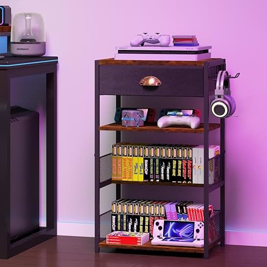 4-Tier Media Stand with Drawer and Hooks