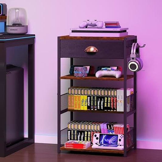 4-Tier Media Stand with Drawer and Hooks