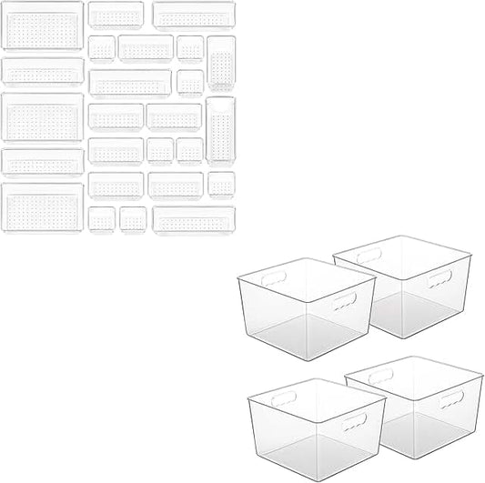25 Clear Plastic Drawer Organizers and 4 Large Storage Bins