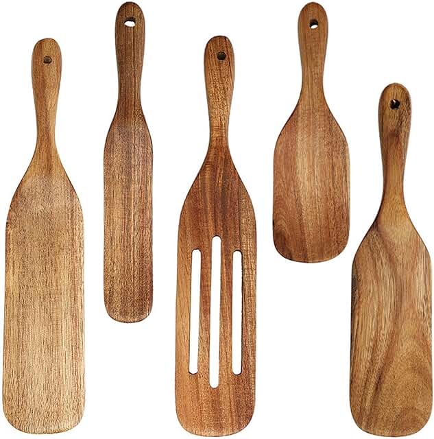 Set of 5 Natural Teak Wood Spurtles for Cooking and Serving