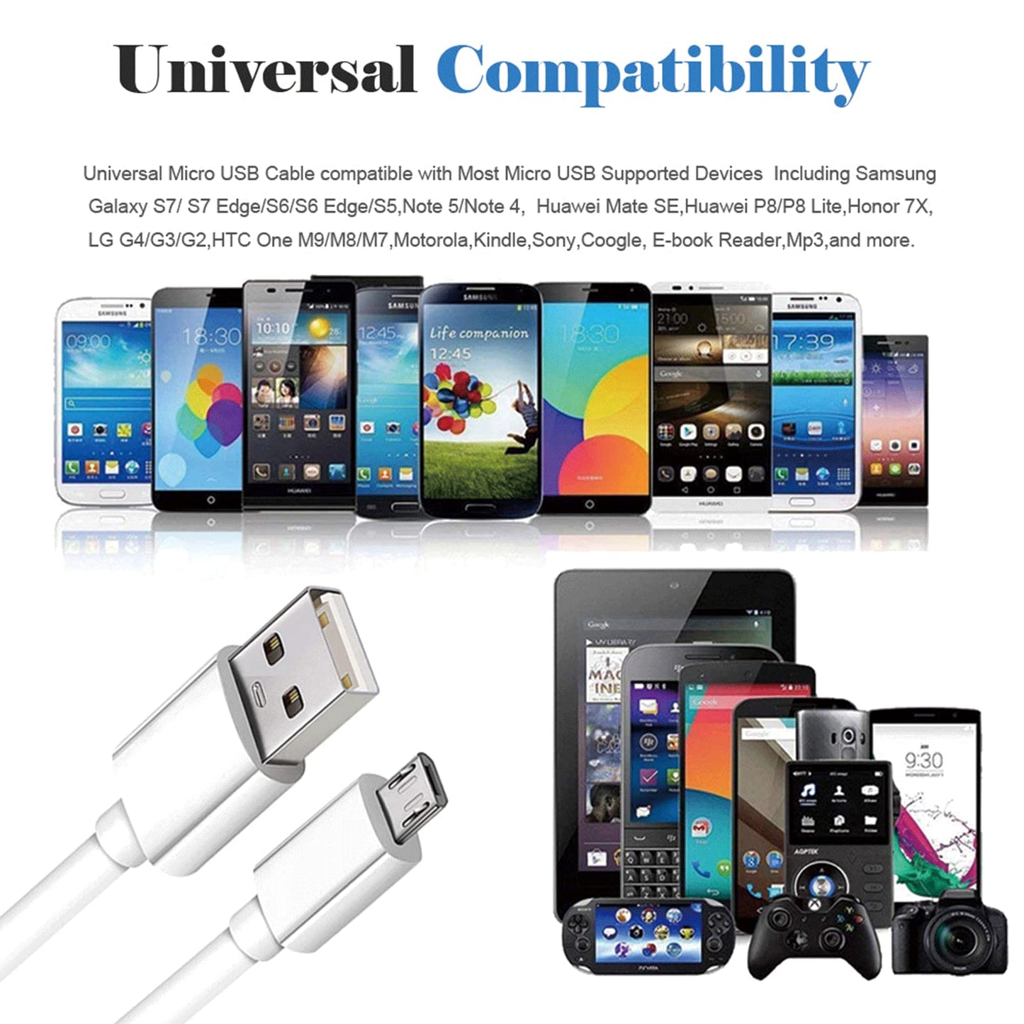 10FT Long Android Charger Cable Fast Charge,USB to Micro USB Cable White,Micro USB 2.0 Cable USB Micro Cable for Samsung Charger Cord Tablet Galaxy 7 S7 S6 Edge LG Phone,Charging Wire for Kindle