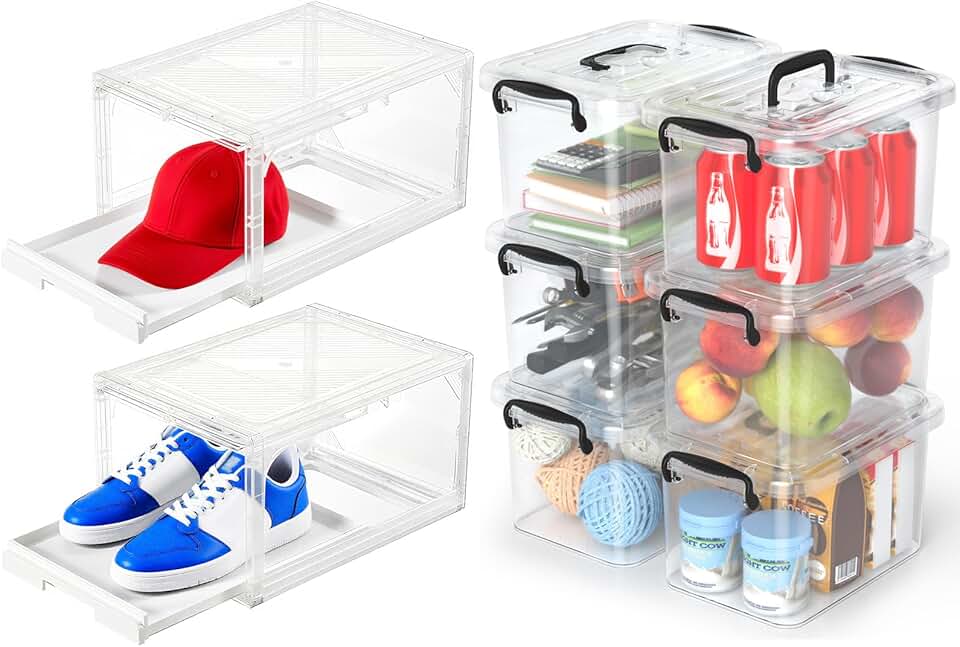 Six 6-Quart Clear Storage Bins and Two Shoe Boxes