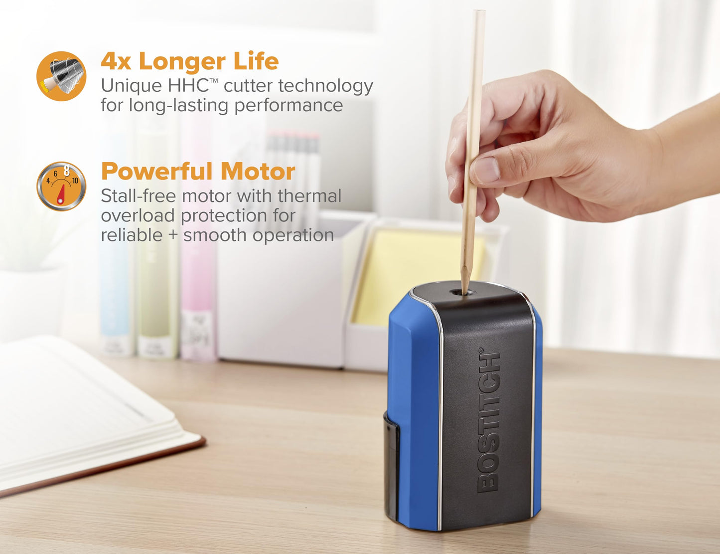 Vertical electric pencil sharpener with stall-free motor
