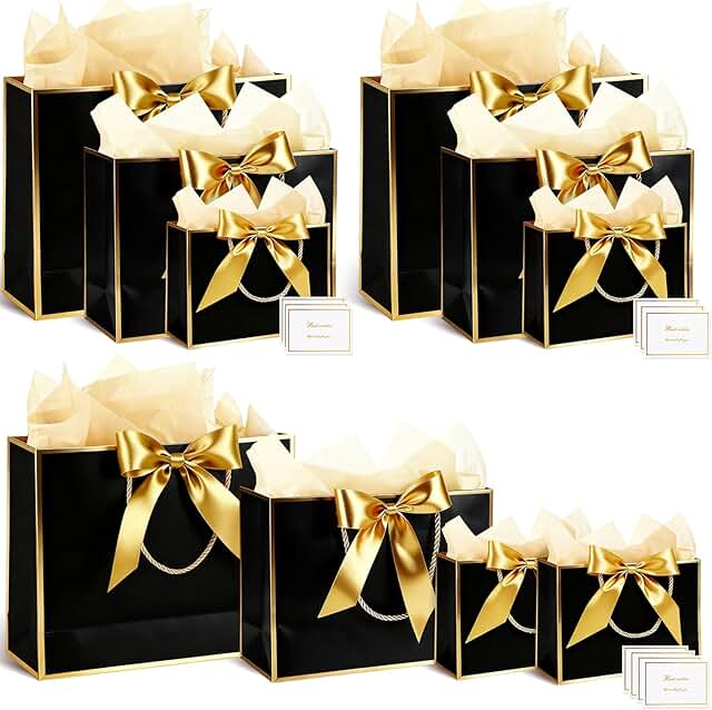 Set of 10 assorted paper gift bags with ribbons and cards