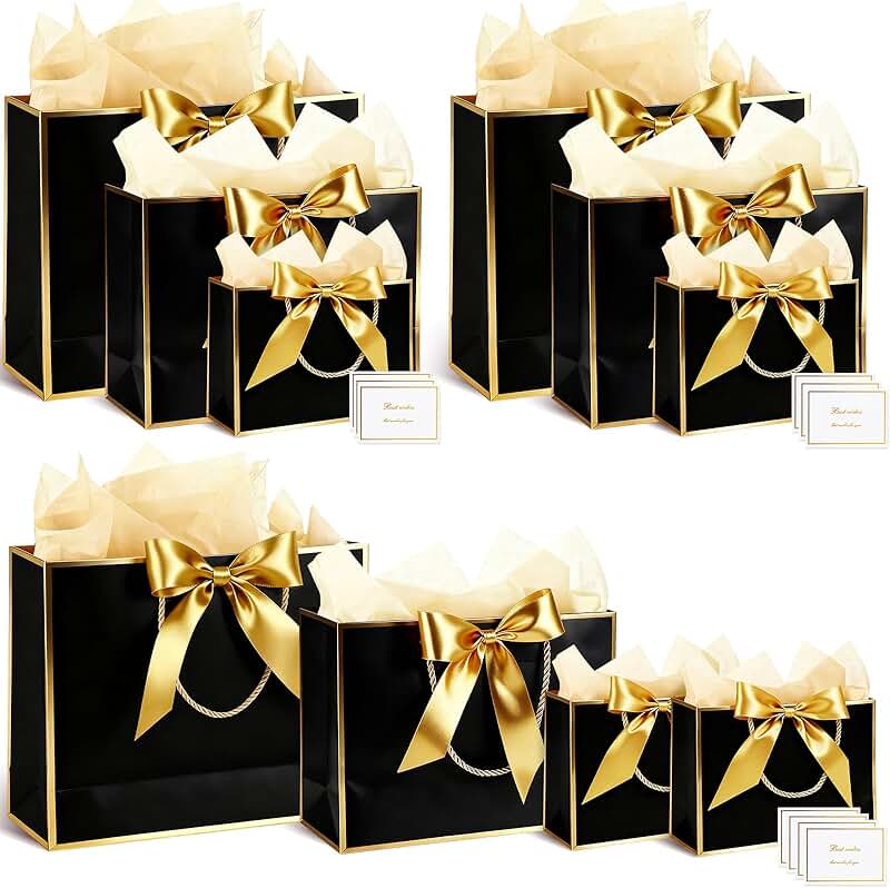 Set of 10 assorted paper gift bags with ribbons and cards