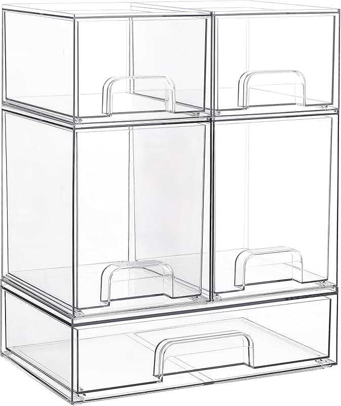 Set of 5 clear stackable storage drawers for organization