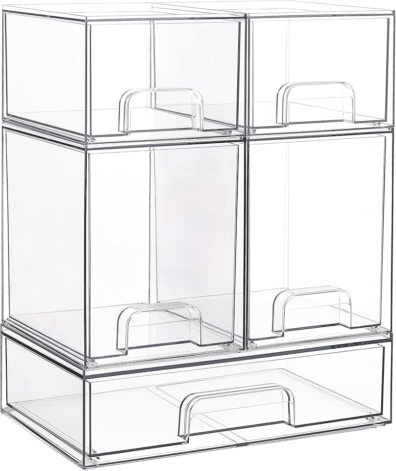 Set of 5 clear stackable storage drawers for organization