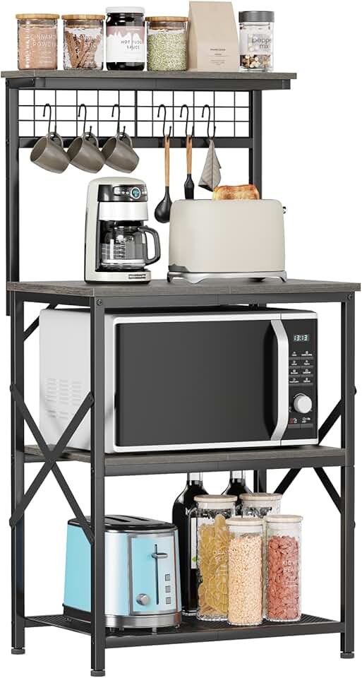 Kitchen Bakers Rack with Storage and Hooks
