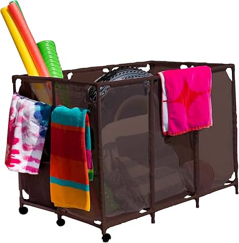 Large brown mesh storage bin for pool toys and floats