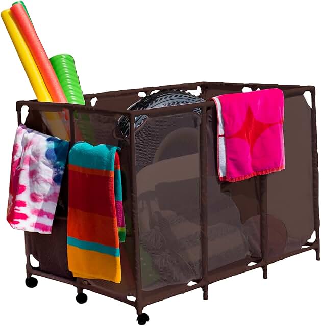 Large brown mesh storage bin for pool toys and floats