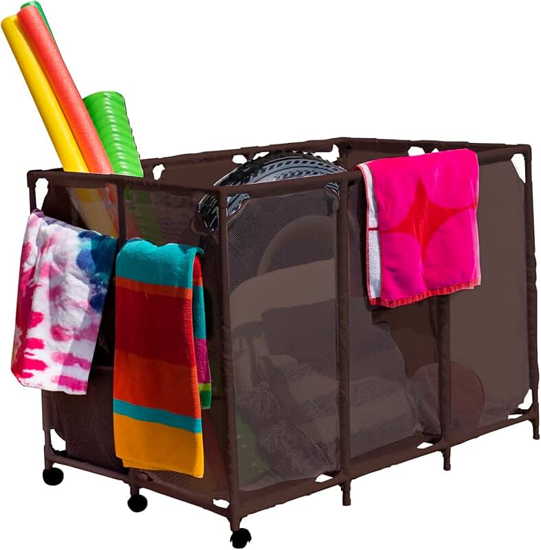 Large brown mesh storage bin for pool toys and floats
