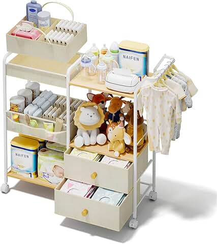 Three-tier rolling diaper organizer with hanging rack