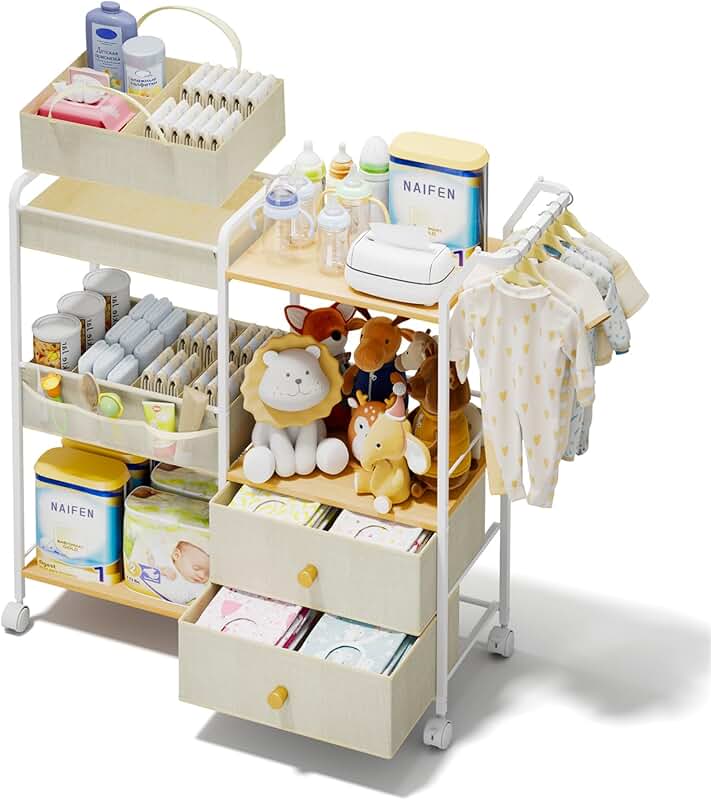 Three-tier rolling diaper organizer with hanging rack