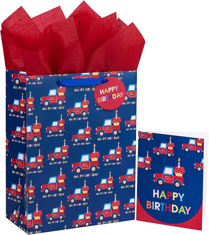 Large Car-Themed Birthday Gift Bags with Card and Tissue