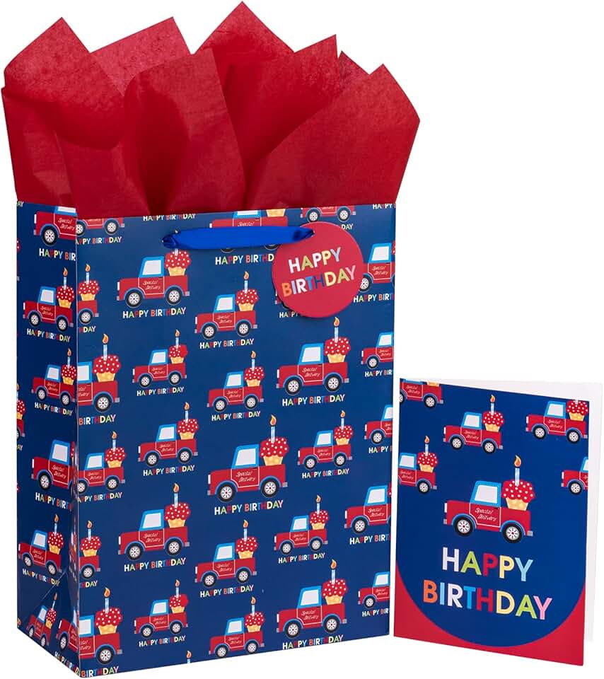 Large Car-Themed Birthday Gift Bags with Card and Tissue