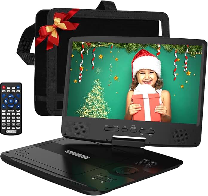 12-inch portable DVD player with 10.1-inch swivel screen and 5-hour battery
