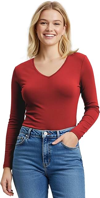 Women's V-neck Long Sleeve T-shirt in Junior and Plus Sizes
