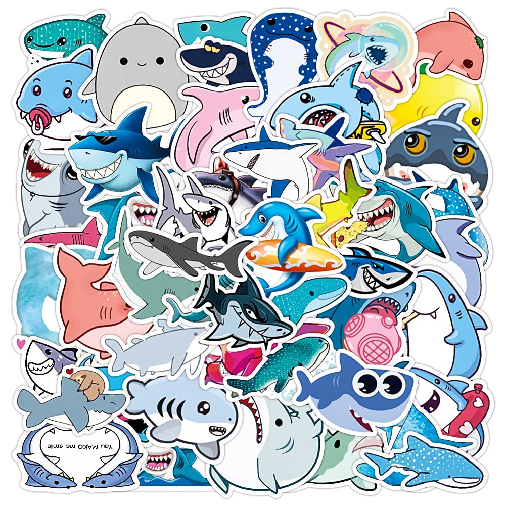 50 Colorful Waterproof Shark Stickers Pack