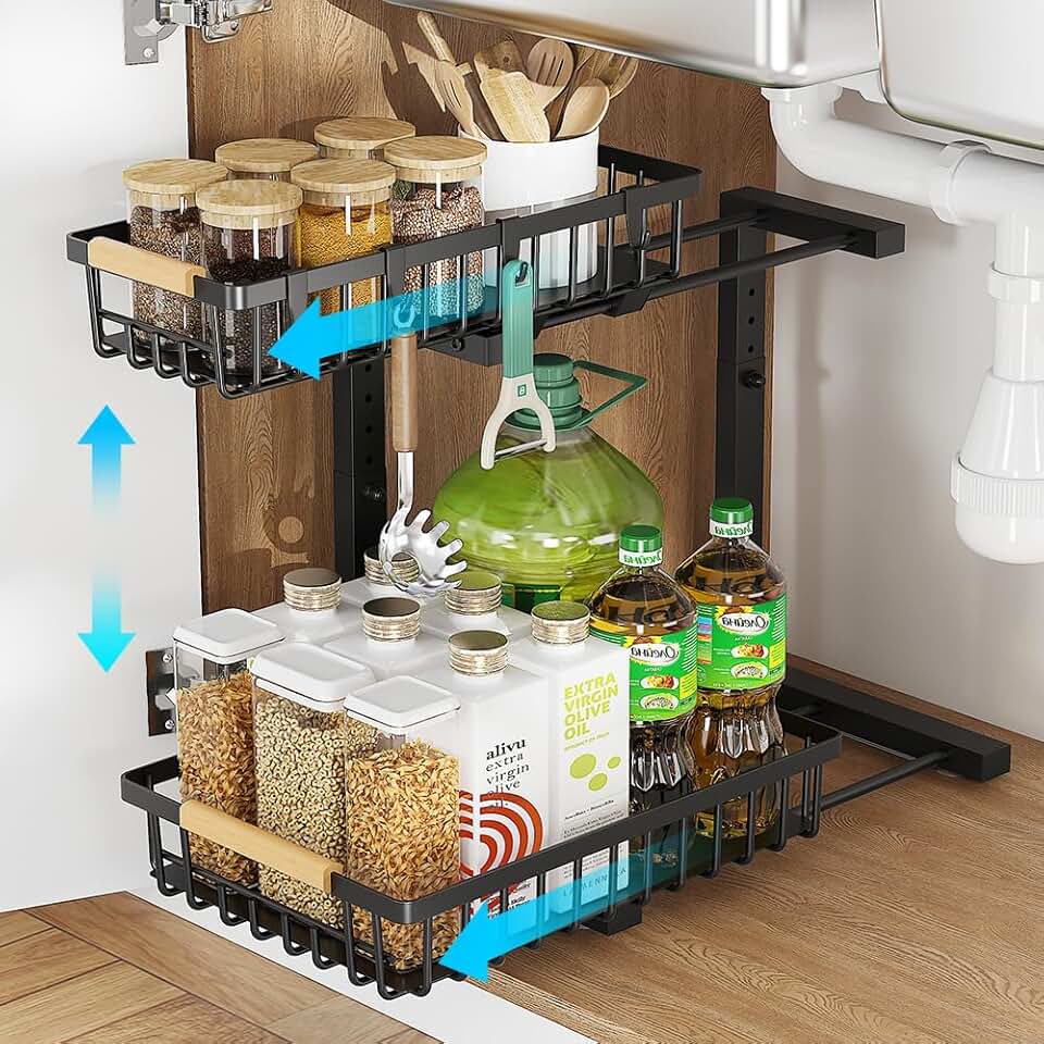 Two-Tier Metal Under Sink Organizer with Adjustable Height